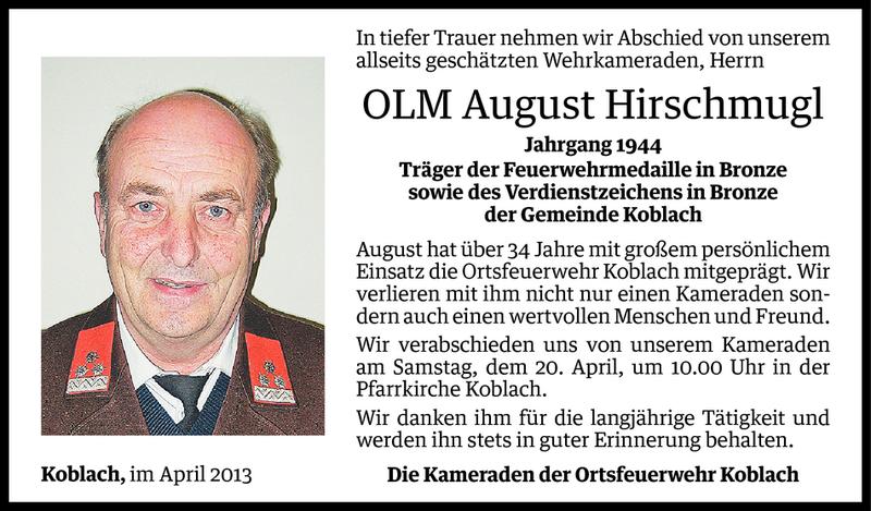  Todesanzeige für August Hirschmugl vom 17.04.2013 aus Vorarlberger Nachrichten