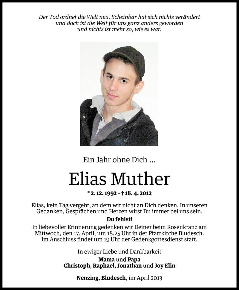  Todesanzeige für Elias Muther vom 15.04.2013 aus Vorarlberger Nachrichten