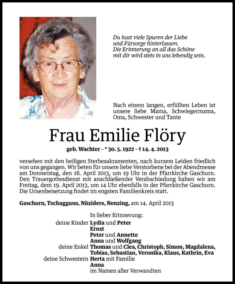  Todesanzeige für Emilie Flöry vom 15.04.2013 aus Vorarlberger Nachrichten