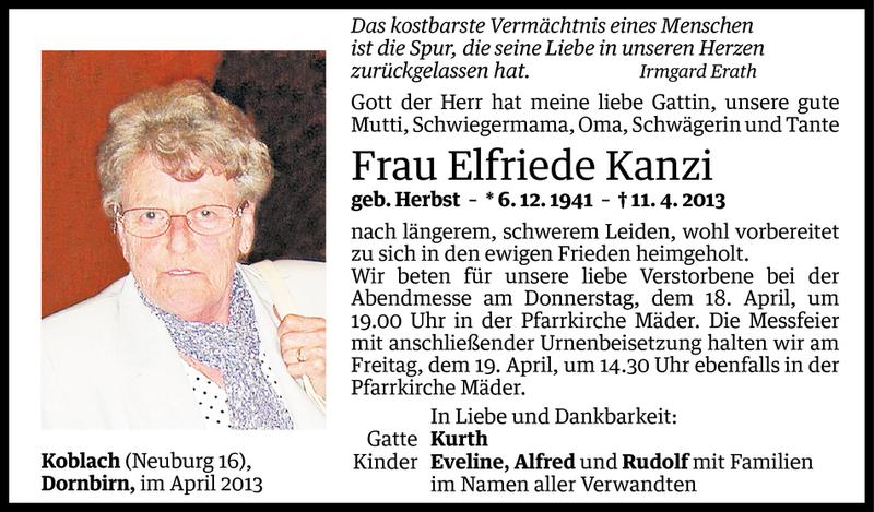  Todesanzeige für Elfriede Kanzi vom 17.04.2013 aus Vorarlberger Nachrichten