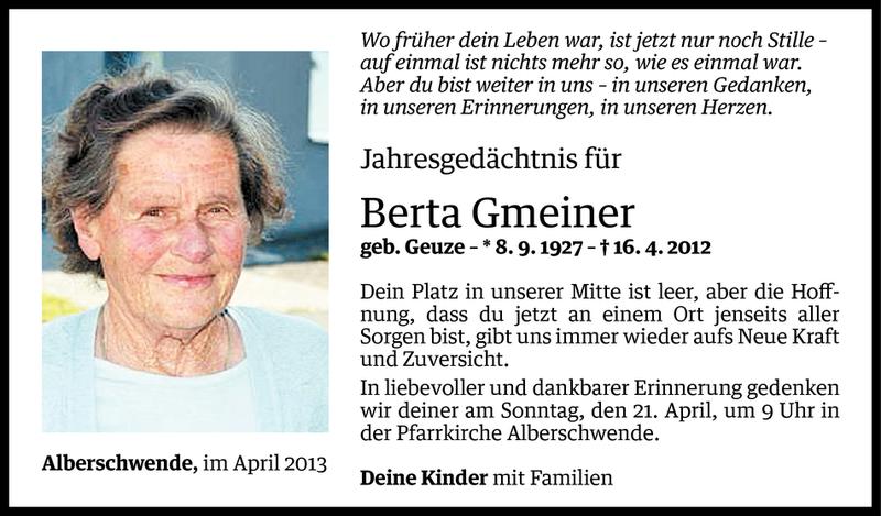  Todesanzeige für Berta Gmeiner vom 18.04.2013 aus Vorarlberger Nachrichten