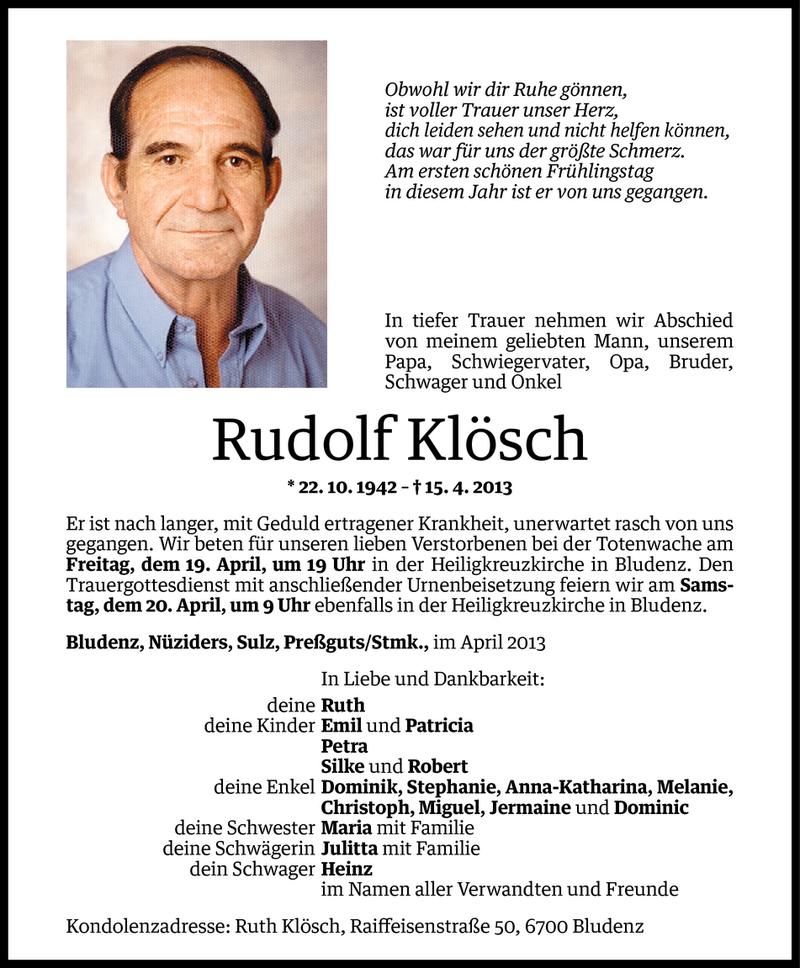  Todesanzeige für Rudolf Klösch vom 18.04.2013 aus Vorarlberger Nachrichten