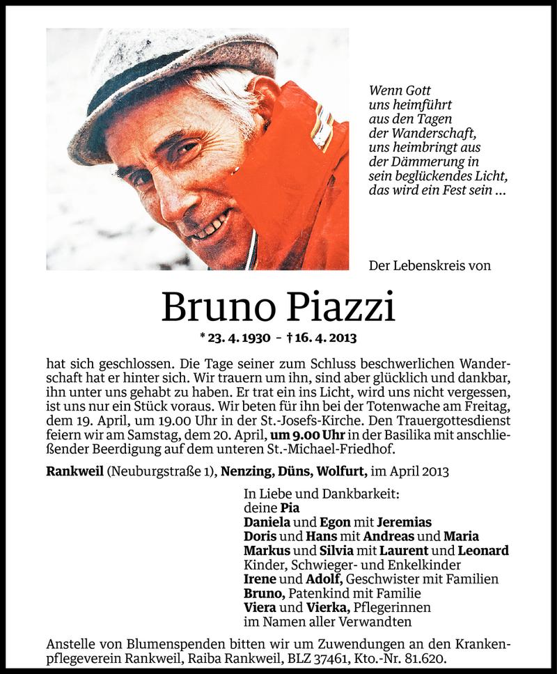  Todesanzeige für Bruno Piazzi vom 18.04.2013 aus Vorarlberger Nachrichten