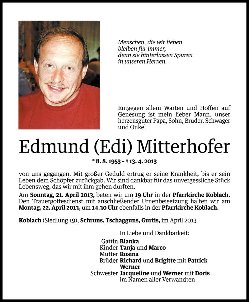  Todesanzeige für Edmund (Edi) Mitterhofer vom 17.04.2013 aus Vorarlberger Nachrichten