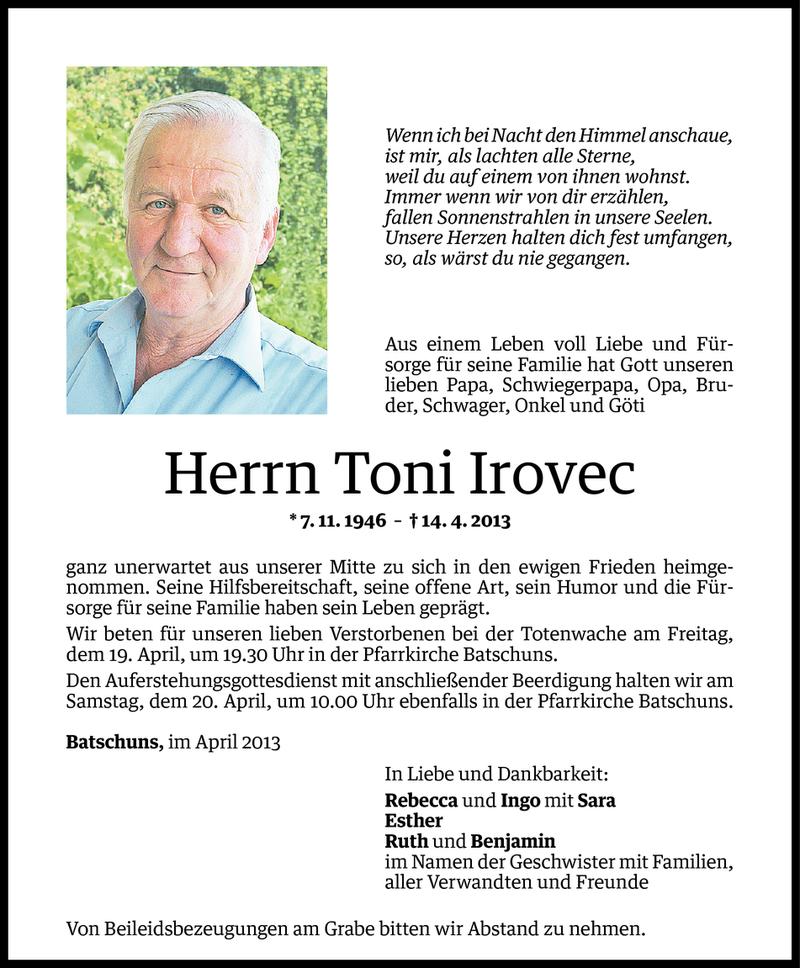  Todesanzeige für Toni Irovec vom 18.04.2013 aus Vorarlberger Nachrichten