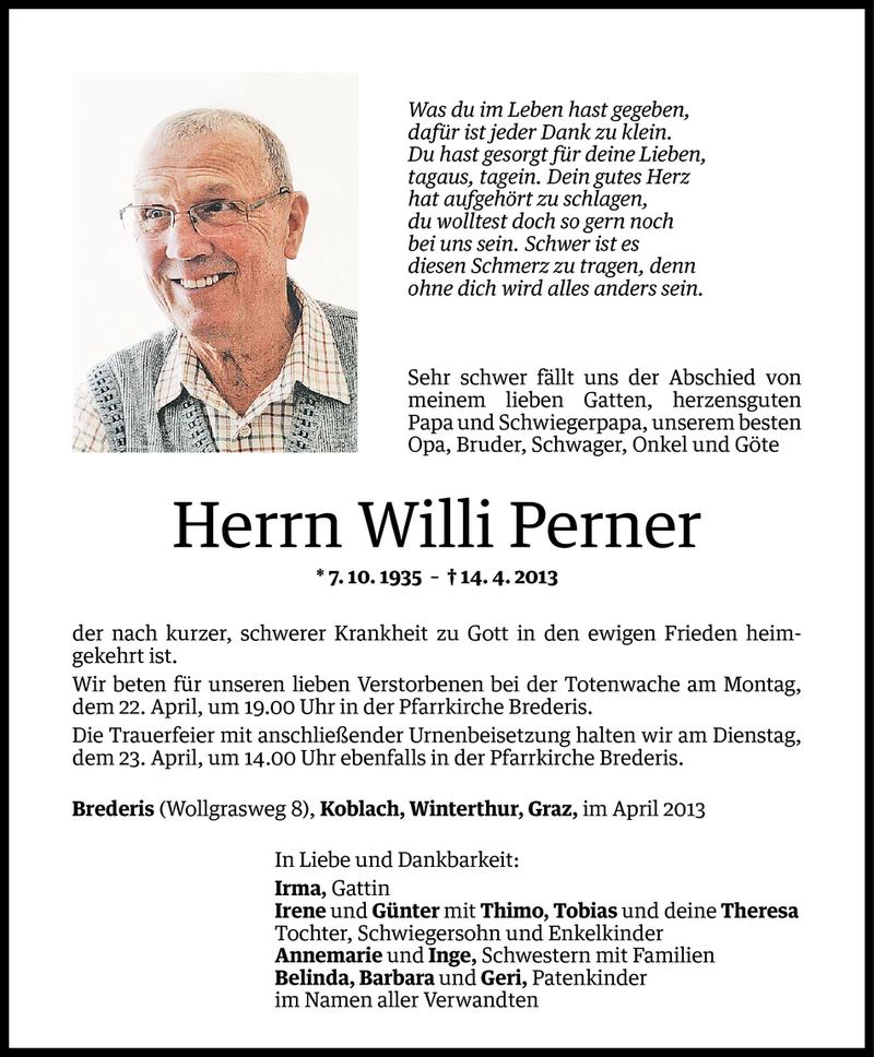  Todesanzeige für Willi Perner vom 20.04.2013 aus Vorarlberger Nachrichten