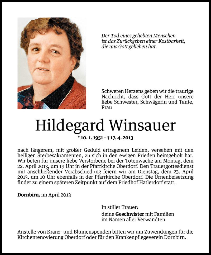  Todesanzeige für Hildegard Winsauer vom 18.04.2013 aus Vorarlberger Nachrichten