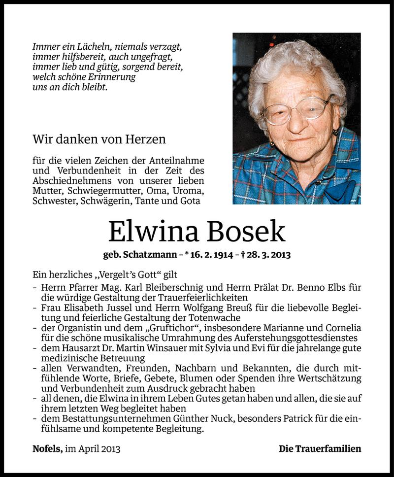  Todesanzeige für Elwina Bosek vom 18.04.2013 aus Vorarlberger Nachrichten