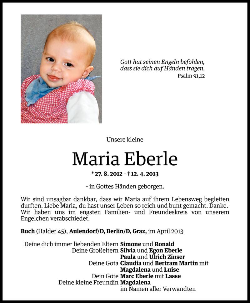  Todesanzeige für Maria Eberle vom 20.04.2013 aus Vorarlberger Nachrichten