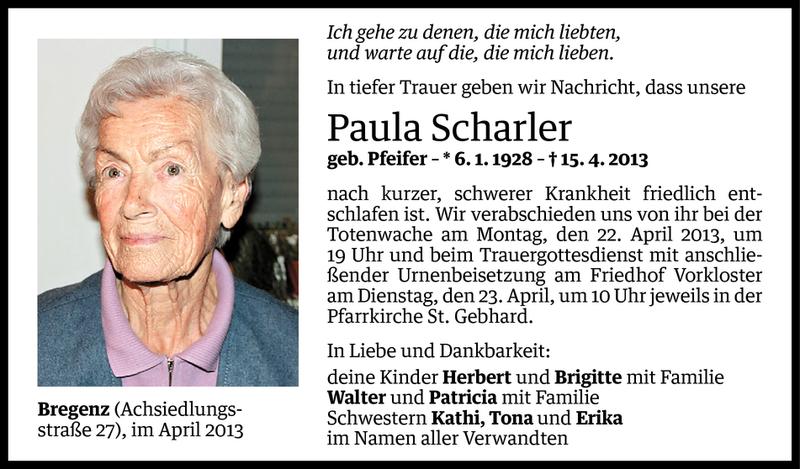  Todesanzeige für Paula Scharler vom 19.04.2013 aus Vorarlberger Nachrichten