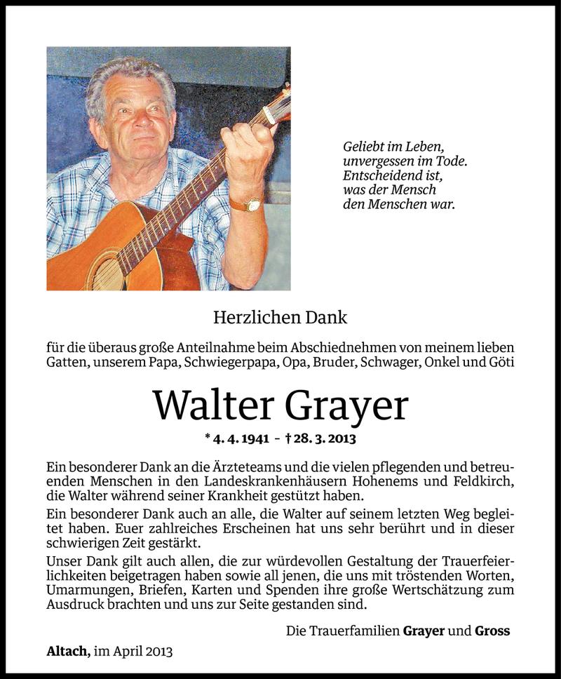  Todesanzeige für Walter Grayer vom 20.04.2013 aus Vorarlberger Nachrichten