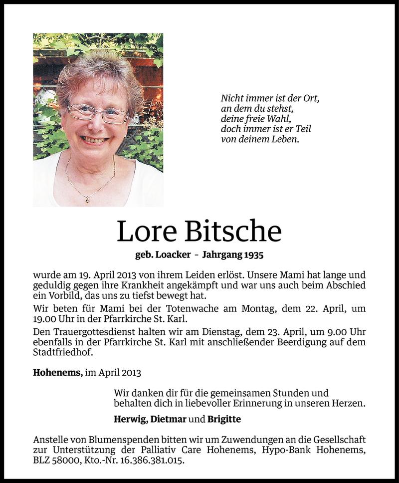  Todesanzeige für Lore Bitsche vom 20.04.2013 aus Vorarlberger Nachrichten