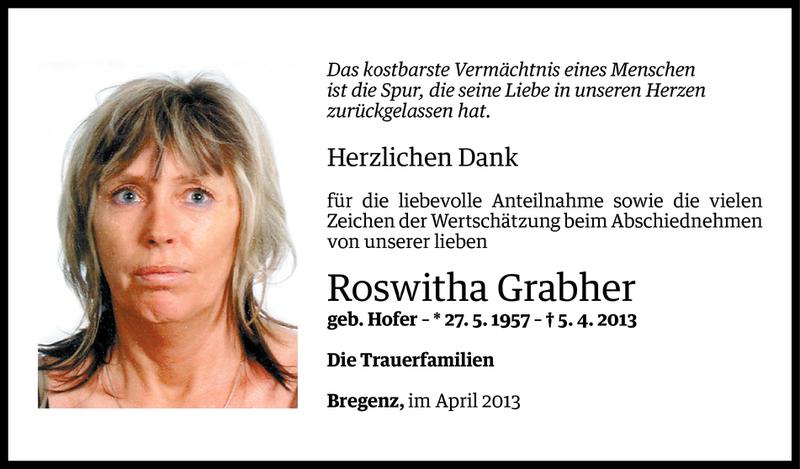  Todesanzeige für Roswitha Grabher vom 21.04.2013 aus Vorarlberger Nachrichten