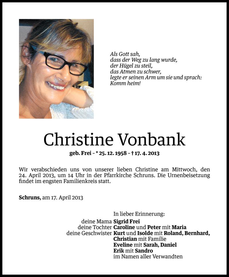  Todesanzeige für Christine Vonbank vom 21.04.2013 aus Vorarlberger Nachrichten