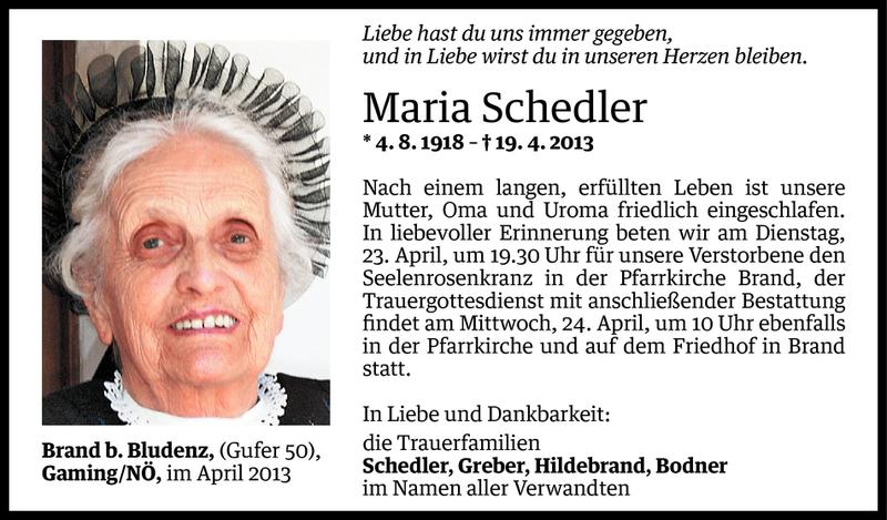  Todesanzeige für Maria Schedler vom 21.04.2013 aus Vorarlberger Nachrichten