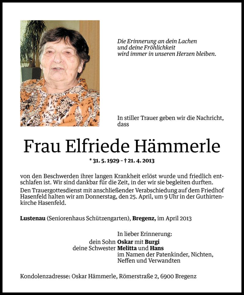  Todesanzeige für Elfriede Hämmerle vom 22.04.2013 aus Vorarlberger Nachrichten