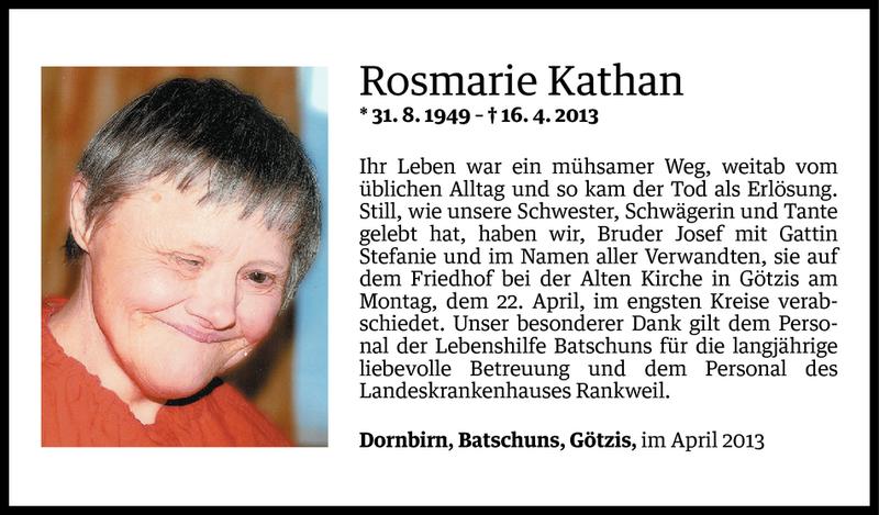  Todesanzeige für Rosmarie Kathan vom 22.04.2013 aus Vorarlberger Nachrichten