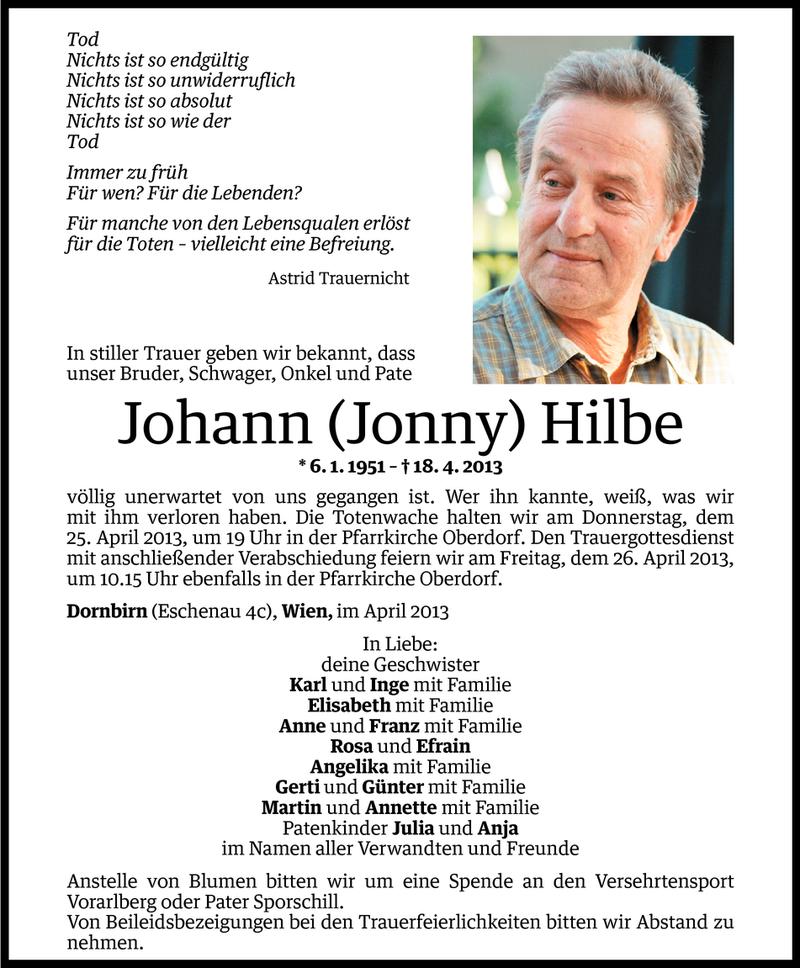  Todesanzeige für Johann Hilbe vom 22.04.2013 aus Vorarlberger Nachrichten