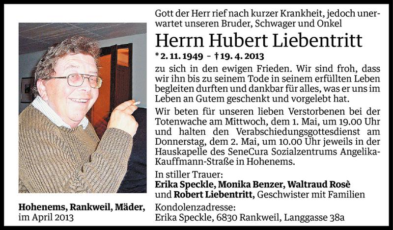  Todesanzeige für Hubert Liebentritt vom 26.04.2013 aus Vorarlberger Nachrichten