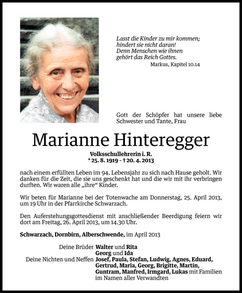  Todesanzeige für Marianne Hinteregger vom 23.04.2013 aus Vorarlberger Nachrichten