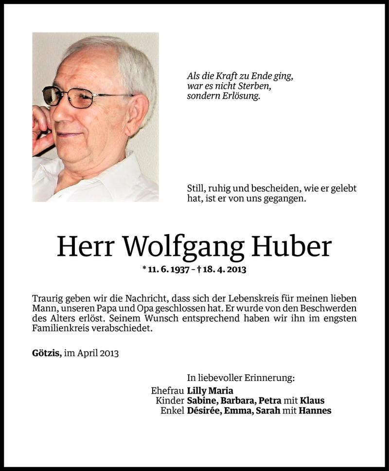 Todesanzeige für Wolfgang Huber vom 23.04.2013 aus Vorarlberger Nachrichten