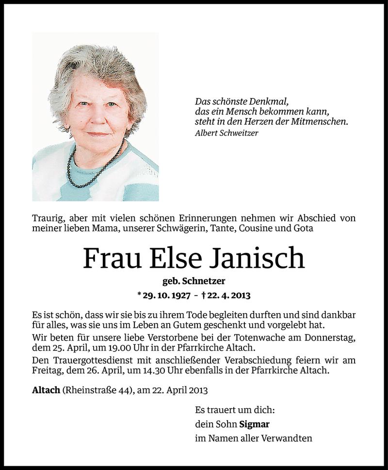  Todesanzeige für Else Janisch vom 24.04.2013 aus Vorarlberger Nachrichten