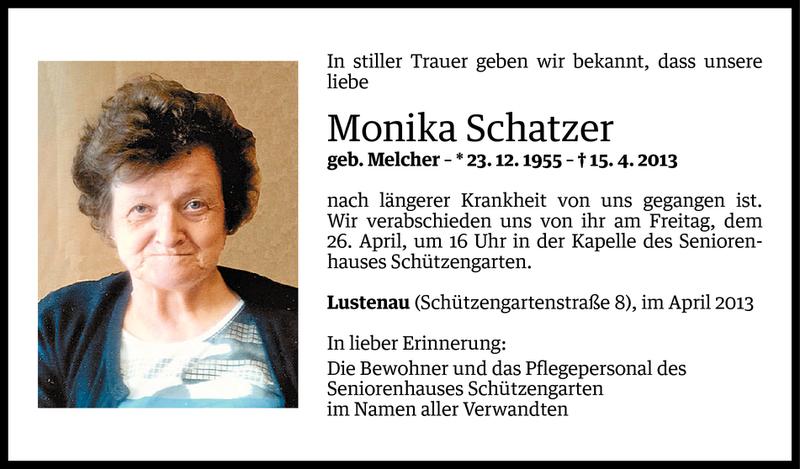  Todesanzeige für Monika Schatzer vom 23.04.2013 aus Vorarlberger Nachrichten