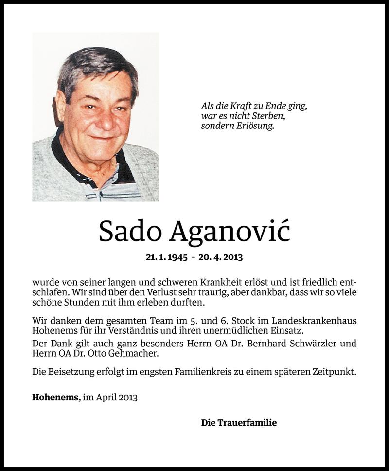  Todesanzeige für Sado Aganovic vom 24.04.2013 aus Vorarlberger Nachrichten