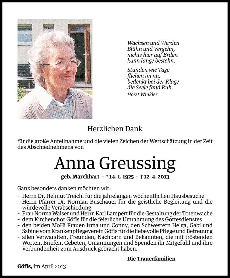 Todesanzeigen von Anna Greussing | Todesanzeigen Vorarlberger Nachrichten