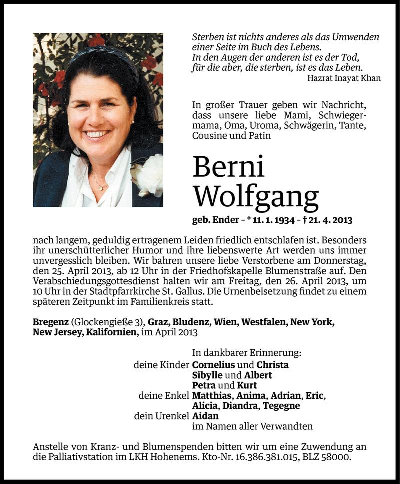  Todesanzeige für Berni Wolfgang vom 23.04.2013 aus Vorarlberger Nachrichten
