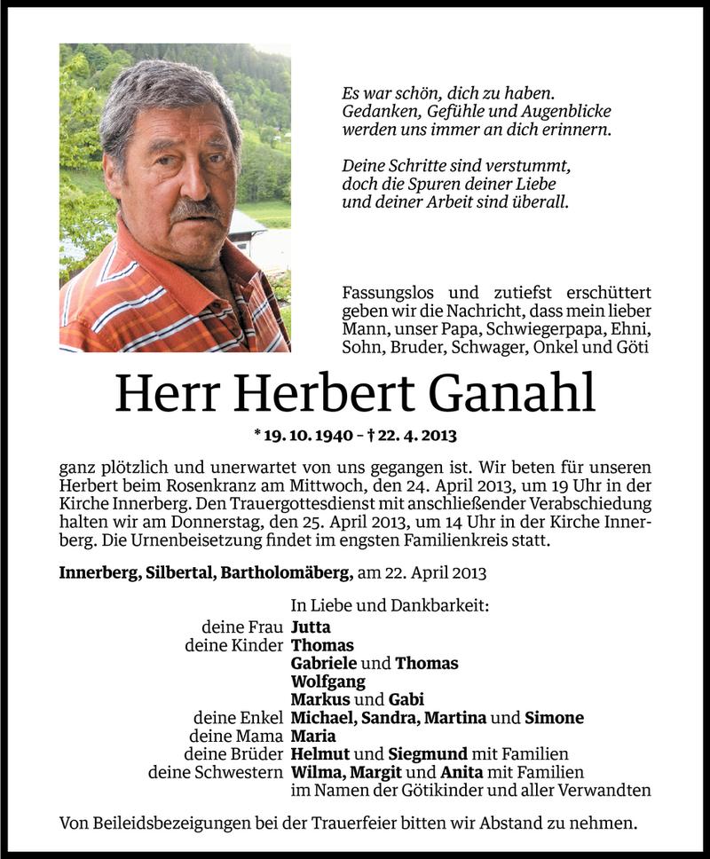  Todesanzeige für Herbert Ganahl vom 23.04.2013 aus Vorarlberger Nachrichten