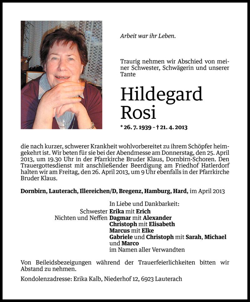  Todesanzeige für Hildegard Rosi vom 23.04.2013 aus Vorarlberger Nachrichten