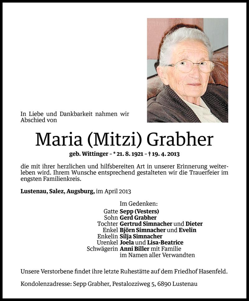  Todesanzeige für Maria Grabher vom 24.04.2013 aus Vorarlberger Nachrichten