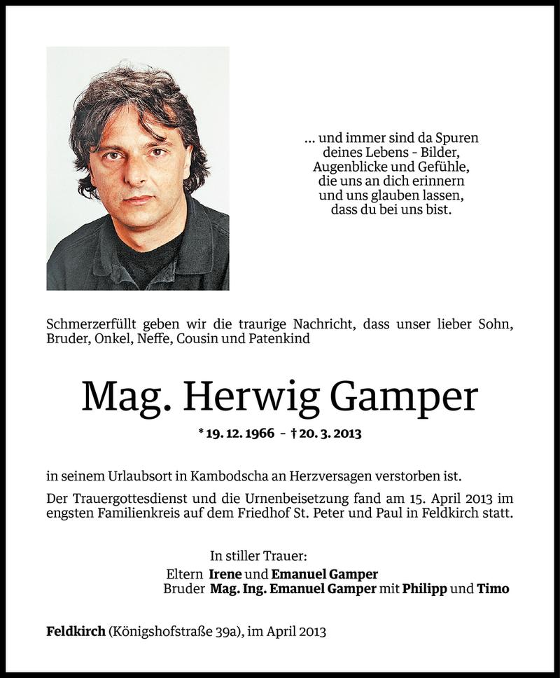  Todesanzeige für Mag. Herwig Gamper vom 27.04.2013 aus Vorarlberger Nachrichten