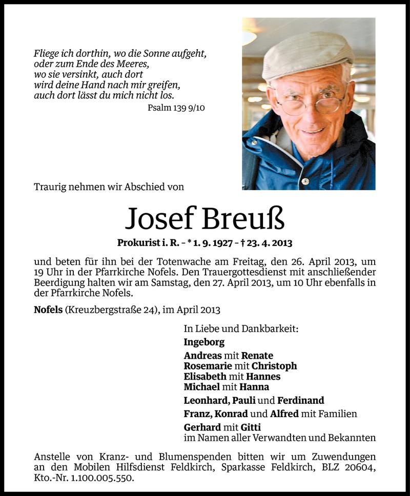  Todesanzeige für Josef Breuß vom 24.04.2013 aus Vorarlberger Nachrichten