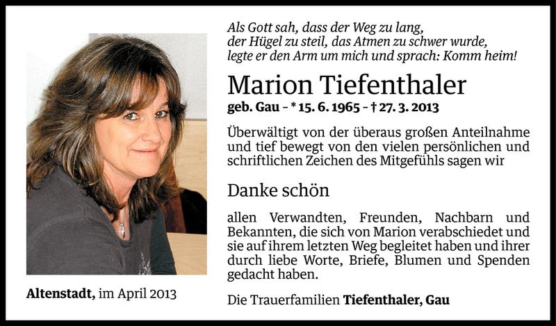  Todesanzeige für Marion Tiefenthaler vom 25.04.2013 aus Vorarlberger Nachrichten