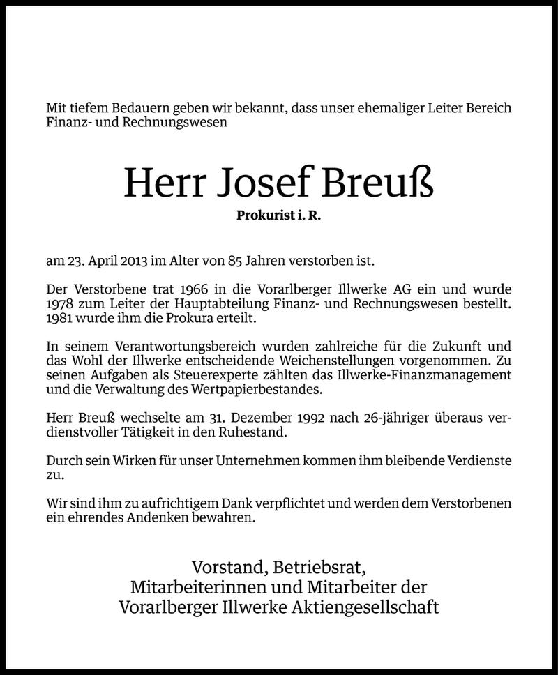  Todesanzeige für Josef Breuß vom 25.04.2013 aus Vorarlberger Nachrichten