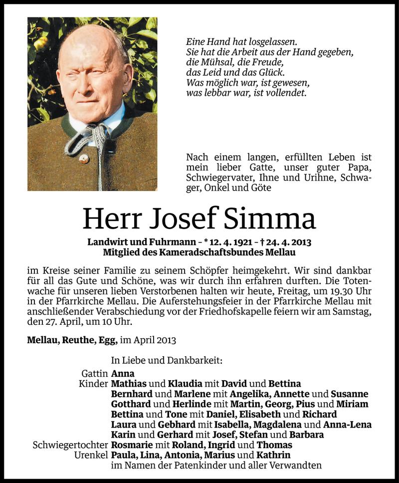  Todesanzeige für Josef Simma vom 25.04.2013 aus Vorarlberger Nachrichten