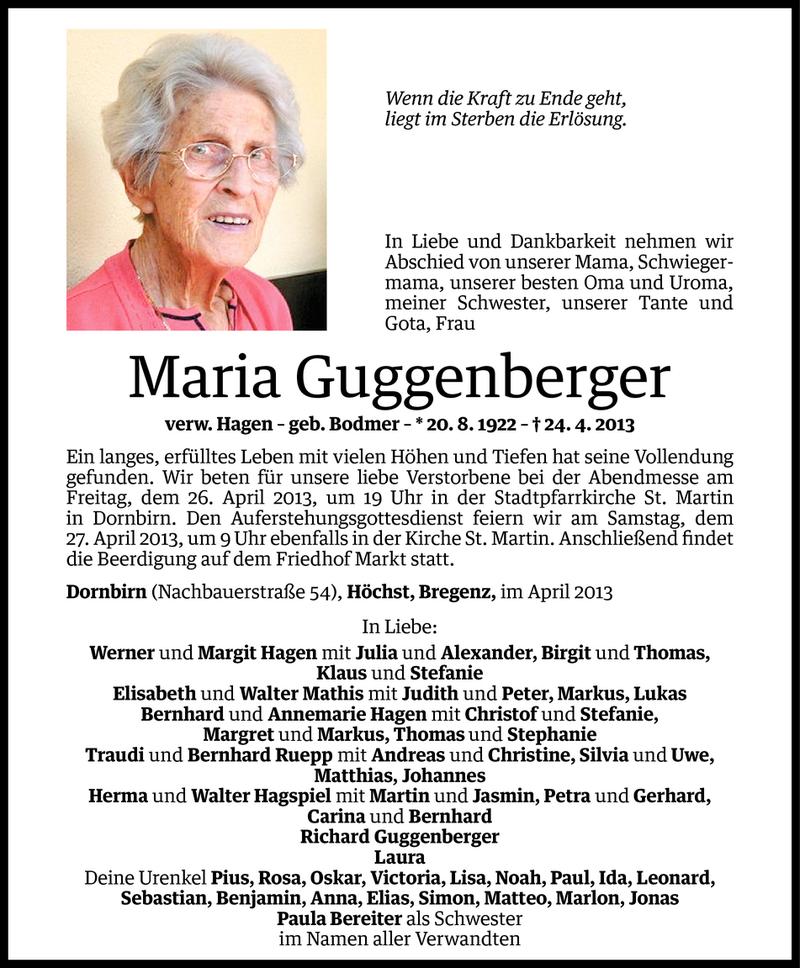  Todesanzeige für Maria Guggenberger vom 25.04.2013 aus Vorarlberger Nachrichten