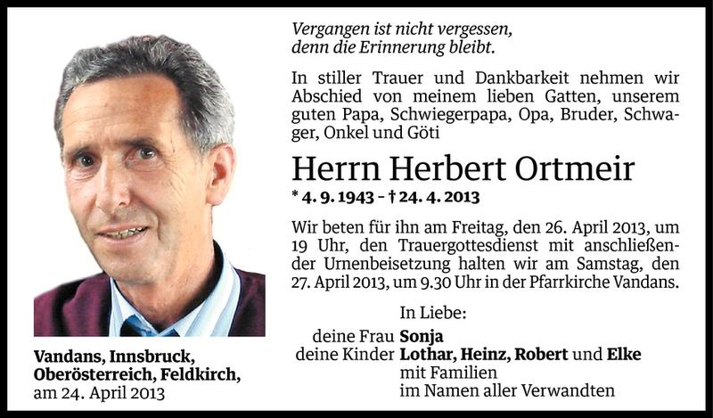  Todesanzeige für Herbert Ortmeir vom 25.04.2013 aus Vorarlberger Nachrichten