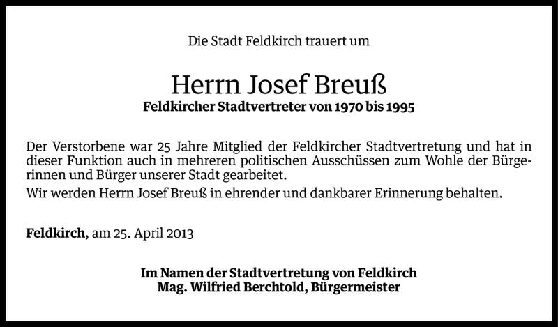  Todesanzeige für Josef Breuß vom 25.04.2013 aus Vorarlberger Nachrichten