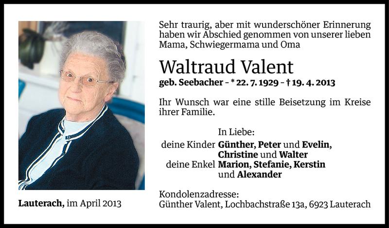  Todesanzeige für Waltraud Valent vom 27.04.2013 aus Vorarlberger Nachrichten