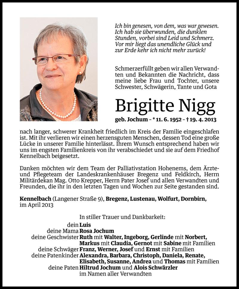  Todesanzeige für Brigitte Nigg vom 27.04.2013 aus Vorarlberger Nachrichten