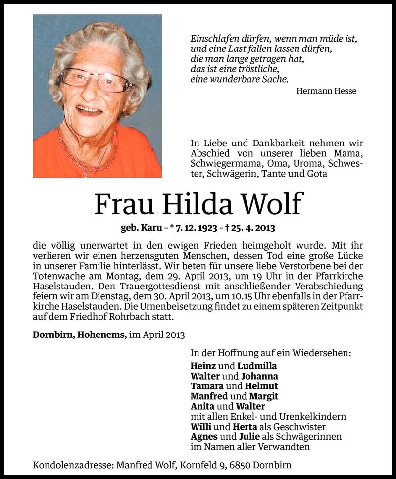  Todesanzeige für Hilda Wolf vom 26.04.2013 aus Vorarlberger Nachrichten