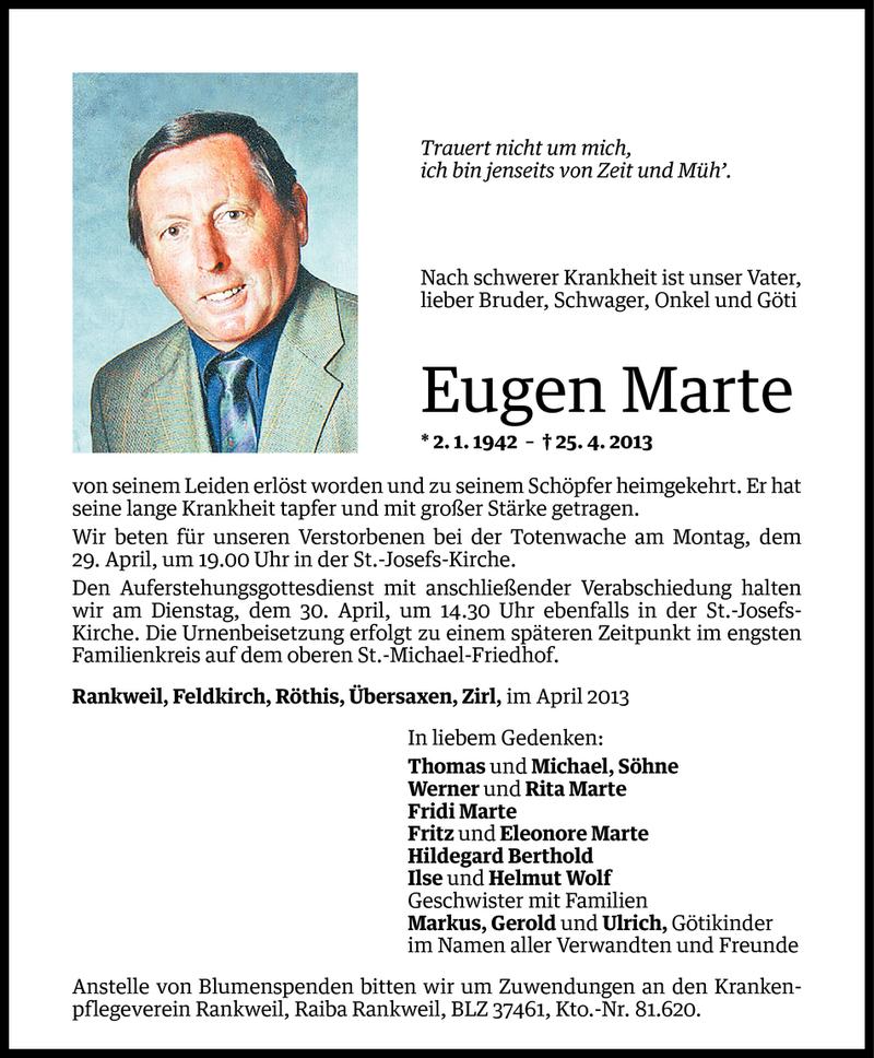  Todesanzeige für Eugen Marte vom 27.04.2013 aus Vorarlberger Nachrichten