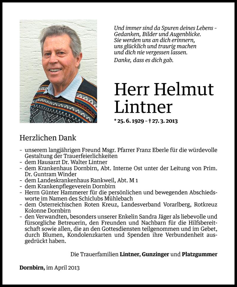  Todesanzeige für Helmut Lintner vom 26.04.2013 aus Vorarlberger Nachrichten