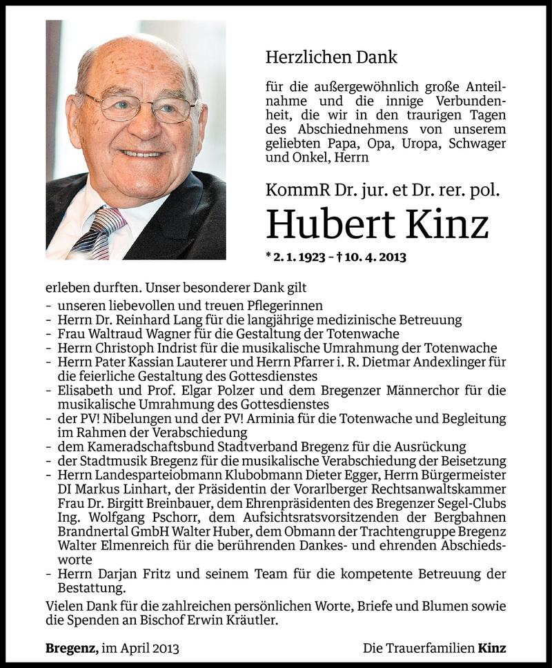  Todesanzeige für DDr. Hubert Kinz vom 26.04.2013 aus Vorarlberger Nachrichten