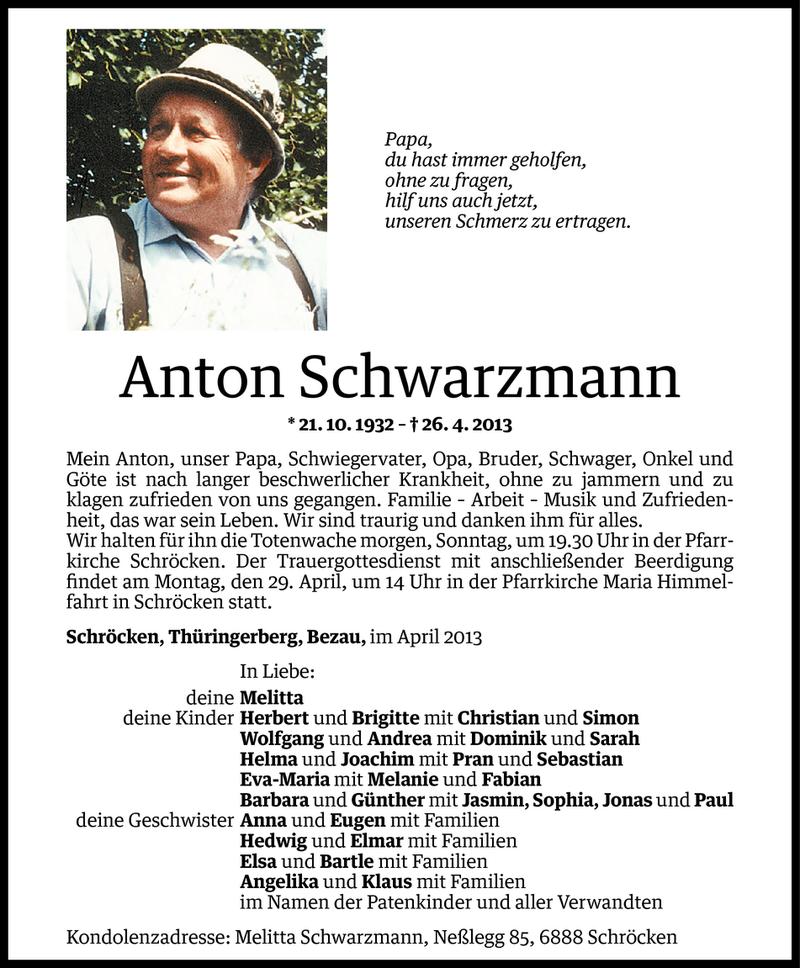  Todesanzeige für Anton Schwarzmann vom 26.04.2013 aus Vorarlberger Nachrichten