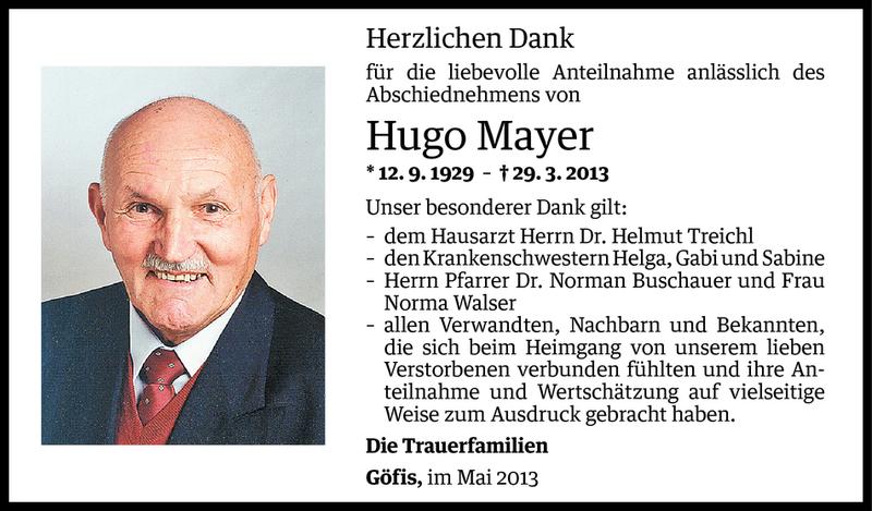  Todesanzeige für Hugo Mayer vom 03.05.2013 aus Vorarlberger Nachrichten