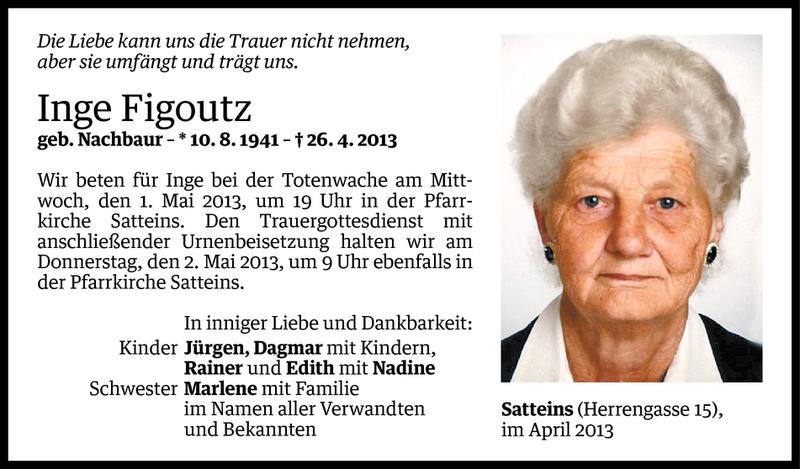  Todesanzeige für Inge Figoutz vom 28.04.2013 aus Vorarlberger Nachrichten